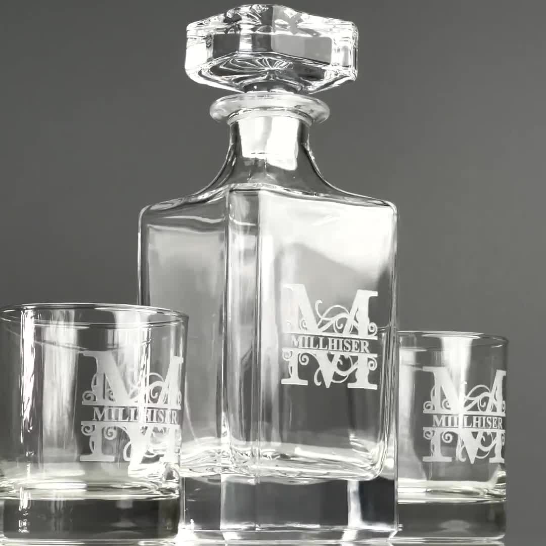 Engraved Vicente Crystal Whiskey Decanter Set with Twist Glasses