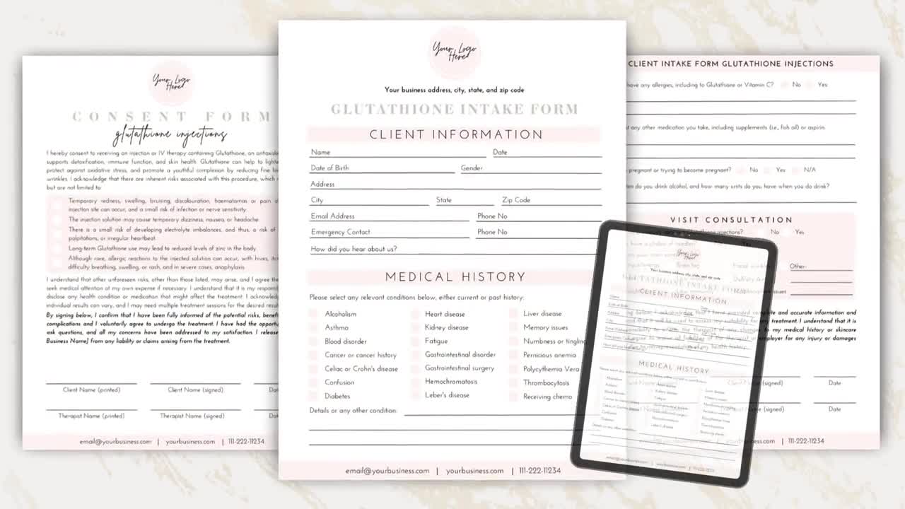 Glutathione Injection IV Drip Consent Intake Form, Glutathione Shot IV  Informed Consent, Editable Glutathione Client Consent Waiver Med Spa