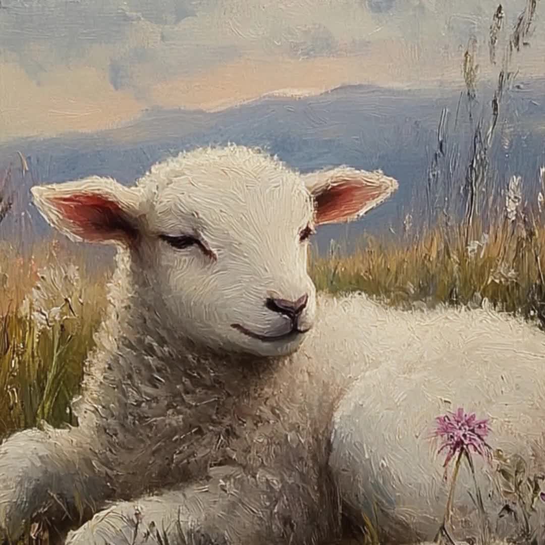 Lamb in Wildflower Meadow Vintage Oil Painting, Cottagecore Wall