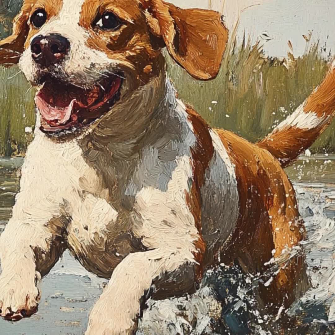 ヴィンテージ犬の油絵、コテージコアウォールアート（デジタルプリント