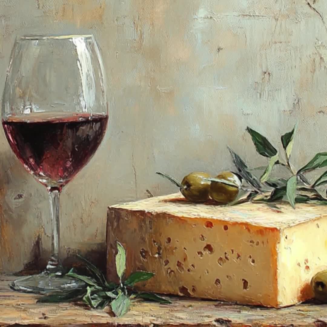 Wine Cheese and Olives Vintage Oil Painting, Rustic Kitchen Wall