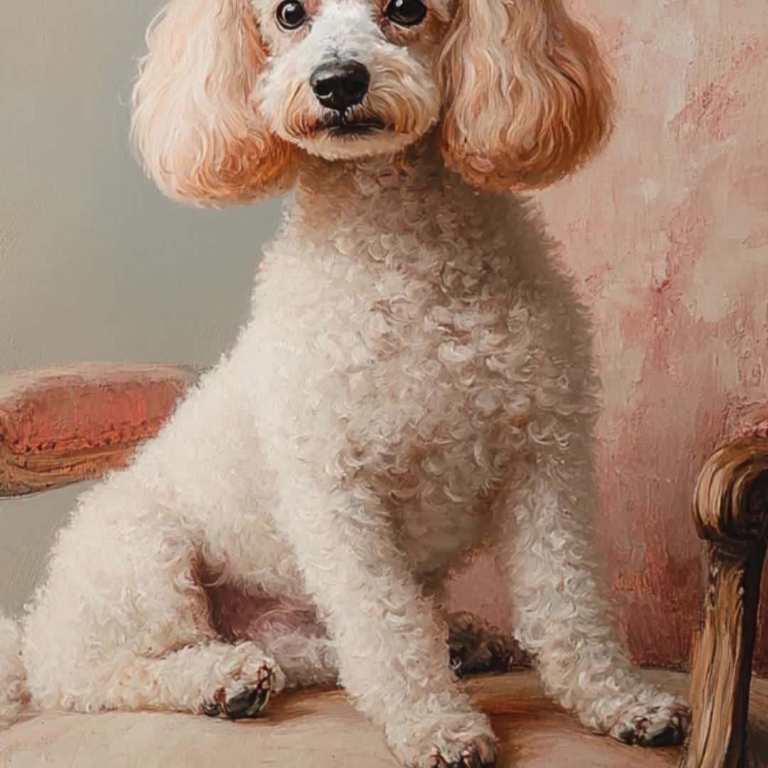 プードルの肖像画、フランスのヴィンテージチェア、貴族のペットアート