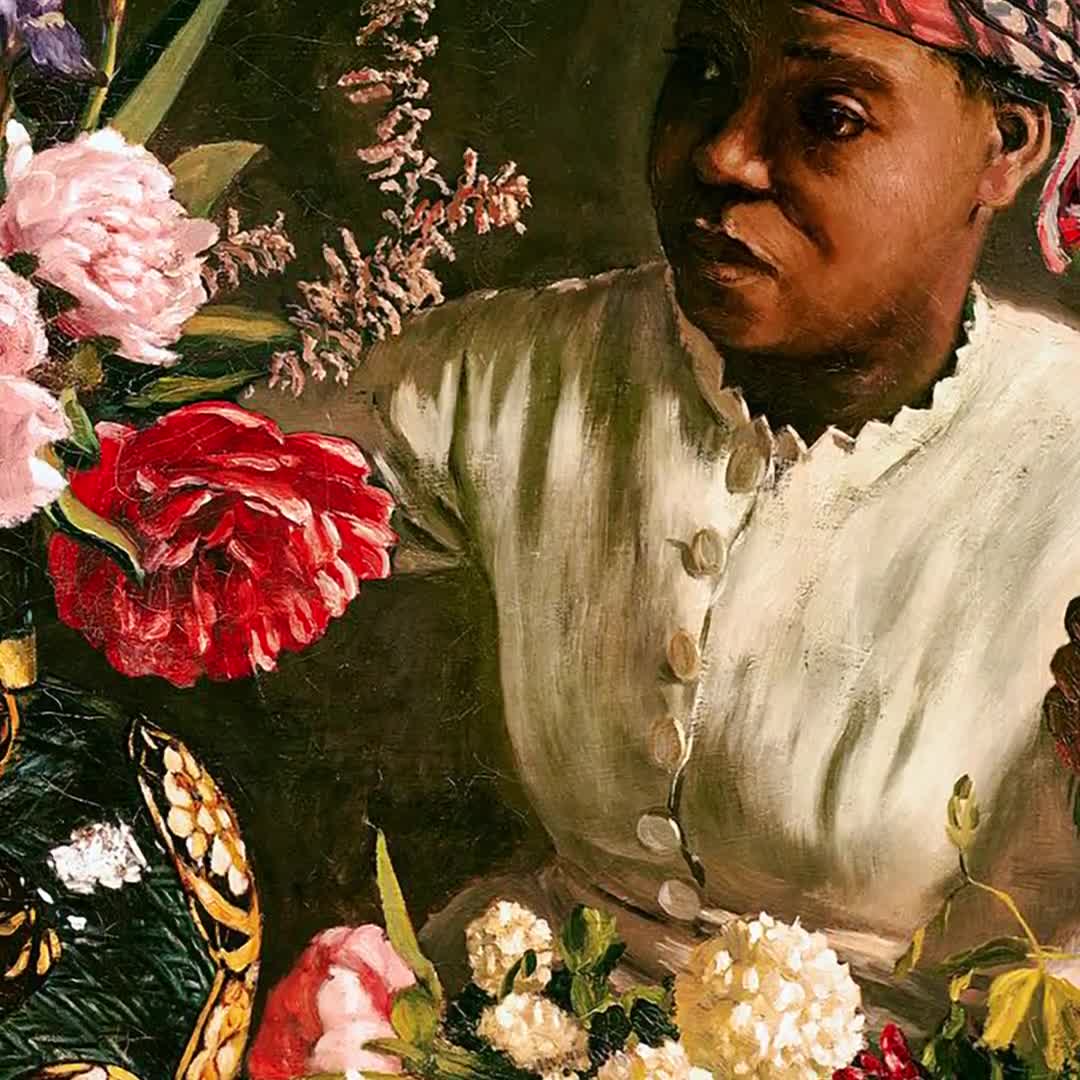 ヴィンテージの「牡丹を持つ黒人女性」の絵画、印象派のアートプリント