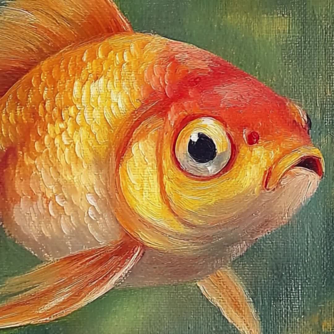 ヴィンテージ金魚油絵、コテージコア水生アート（デジタルプリント