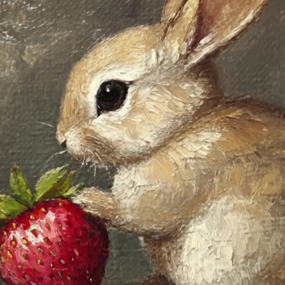絵画 strawberry & cutie rabbit Bunny Painting and Strawberry Cute Rabbit Wall Art Oil