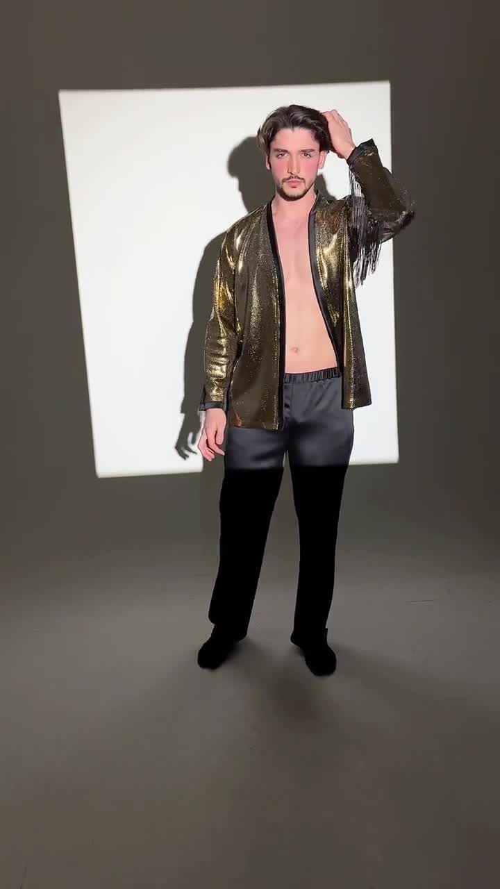 slim fit dress slacks Mens Shiny Gold Sequin Double Breasted Designer Dress Jacket Blazer Louis Vino LVB5 Large 42 Slim Fit Jacket main image 0