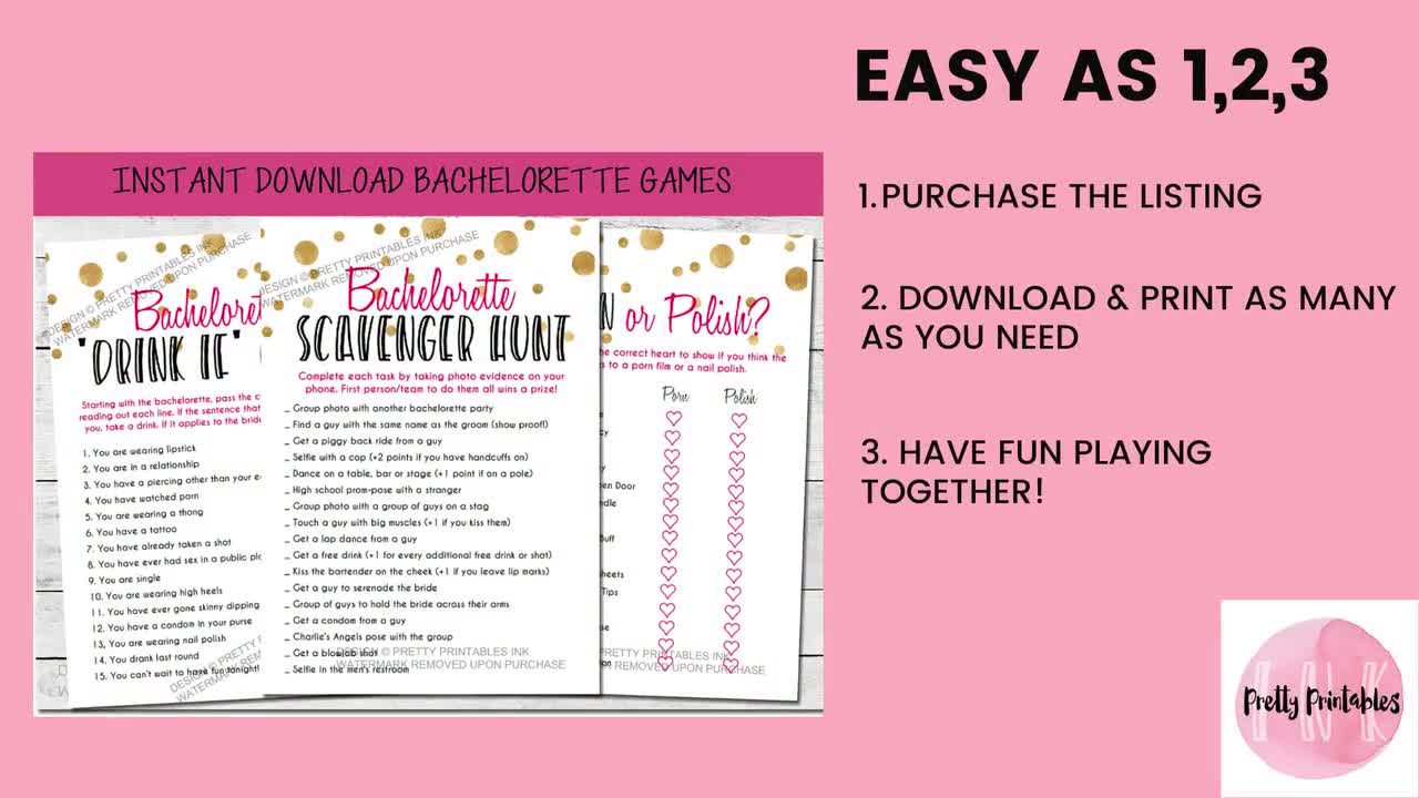 Bachelorette Games Printable/Instant Download,Bachelorette Party Games,  Drink If Game, Porn or Polish Game, Bachelorette Scavenger Hunt