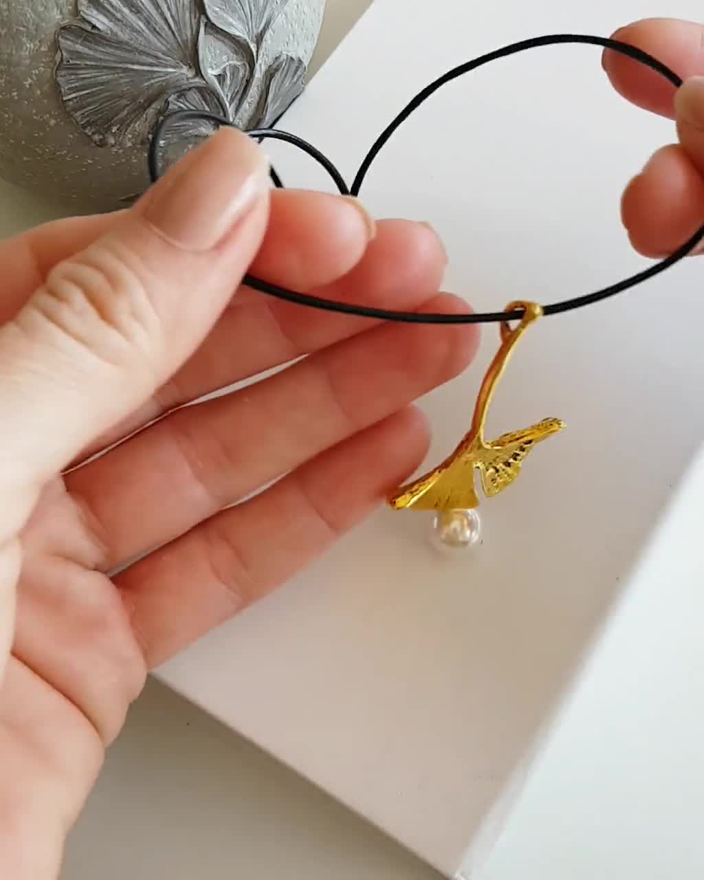Gold Ginkgo Leaf Necklace on Leather Cord, Statement Ginkgo