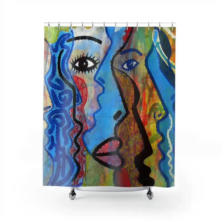 Blue Shower Curtain, Graffiti Ombre Fabric Shower Curtains For