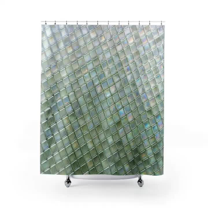 Green ombré mosaic tile shower curtain, Minimalist diagonal pattern.  Optional bathmat