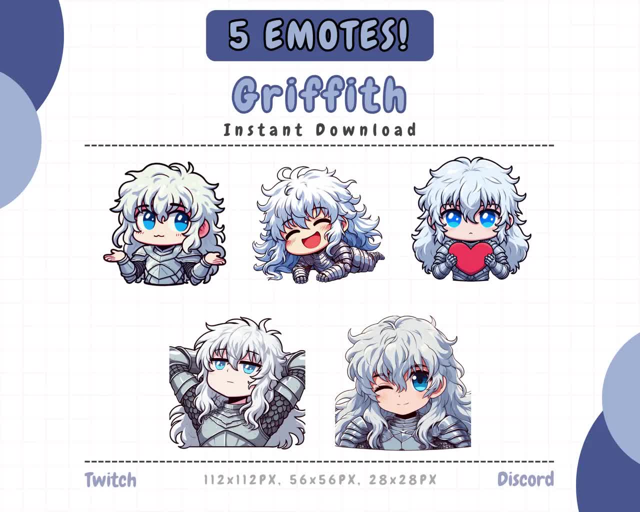 Berserk Griffith 5 PACK. Manga, Anime, Emote, Twitch, Discord, Youtube,  Stream, Printable, Chibi, Cute, White, Hair, Blue, Eyes