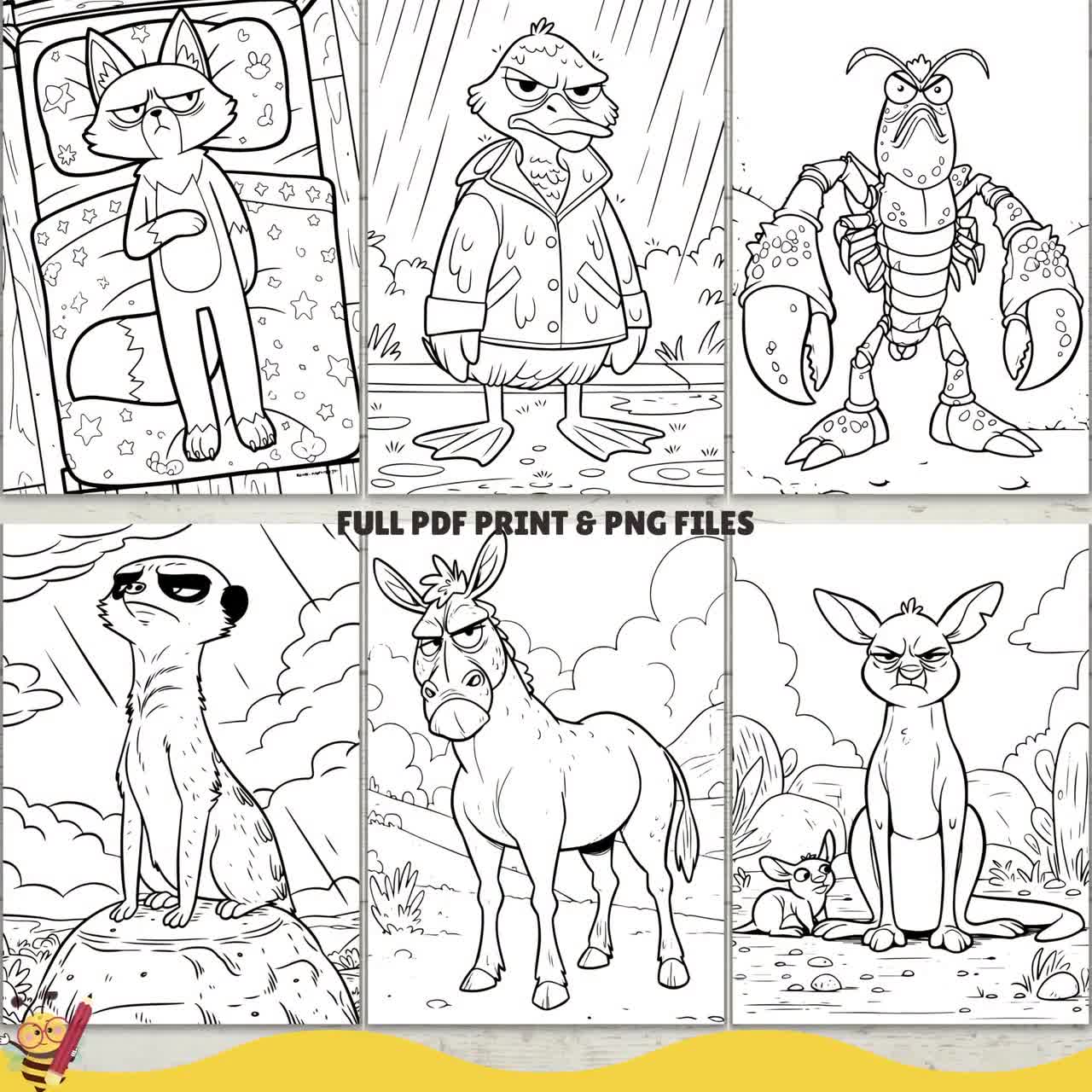 不機嫌な動物たちのぬり絵、面白いぬり絵シート、PDFとPNG、デジタルダウンロード、印刷可能なぬり絵, image size:1280x1280