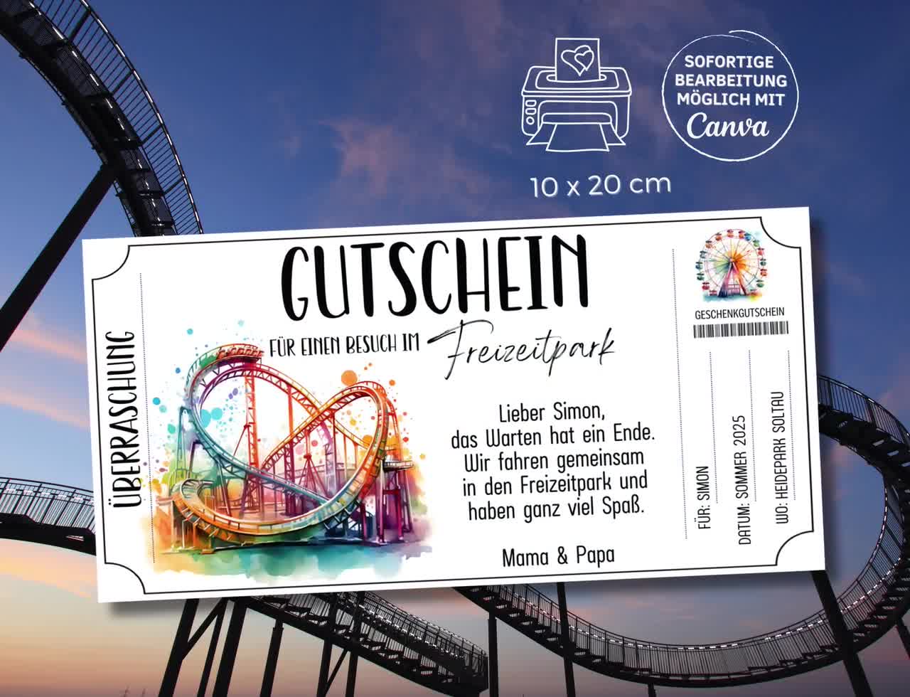 Voucher amusement park visit template roller coaster to print out | Voucher  hype | Voucher to design | gift card