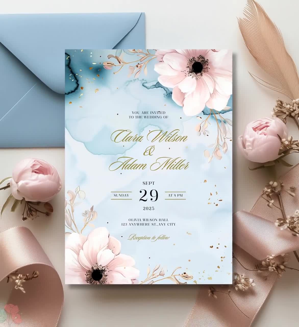 Dusty Blue and Blush Floral Wedding Invitation, Elegant Watercolor Invite,  Soft Pink and Blue Floral Invites, Modern Boho Invite Template - Etsy Israel, image size:1172x1280