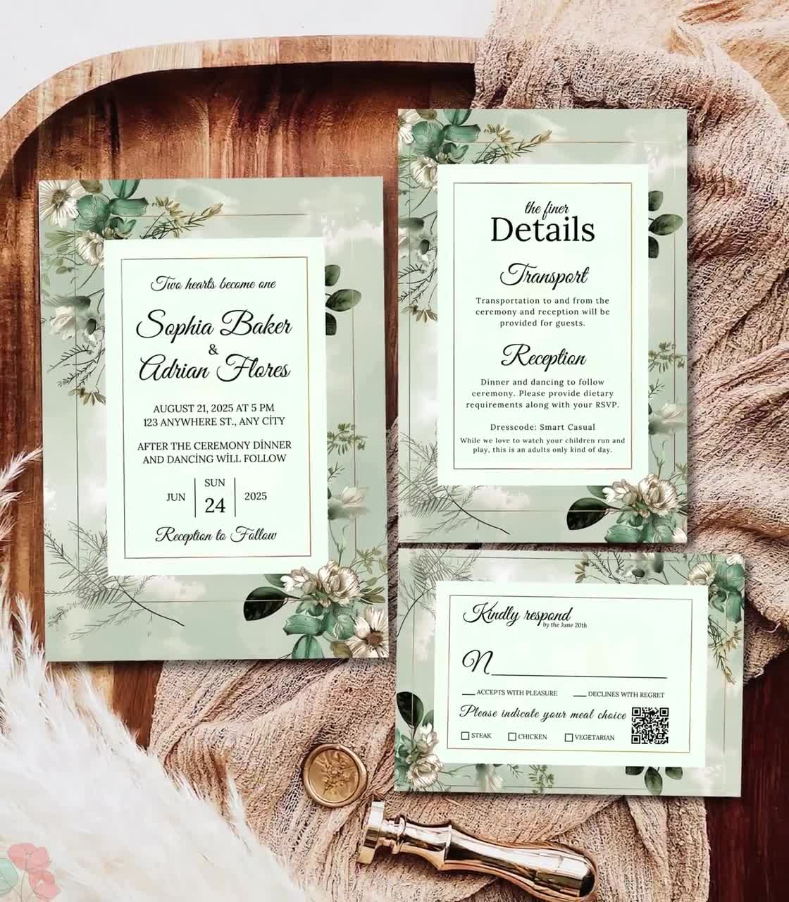 Sage Green Wedding Invitation Set Template, Elegant Greenery Floral  Invites, Gold and Green Botanical Wedding Suite, Romantic Boho Invites, image size:1120x1280