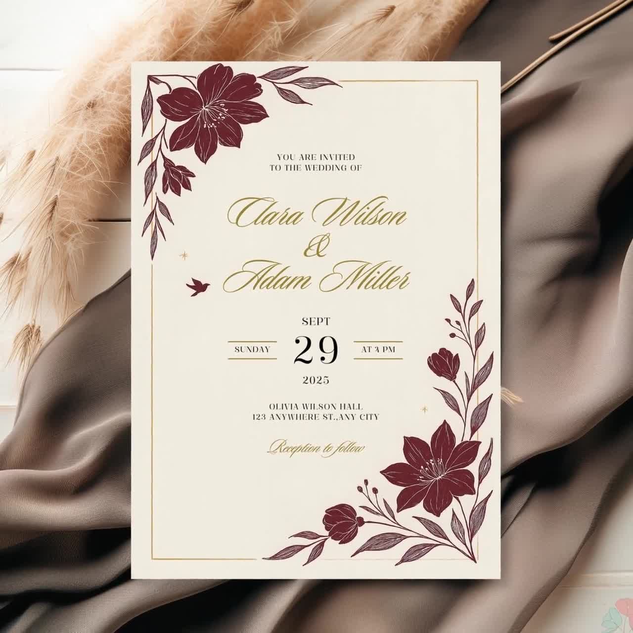 Elegant Red Wedding Invitation Template, Terracotta Floral Invite, Burnt  Orange Boho Invite, Minimalist Invites, Autumn Fall Invitations, image size:1280x1280