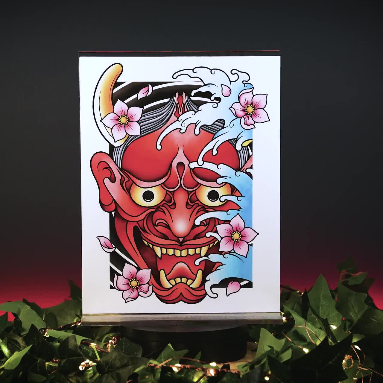 赤い般若面のアートプリント：日本のタトゥーの入れ墨、桜の花 - Etsy 日本