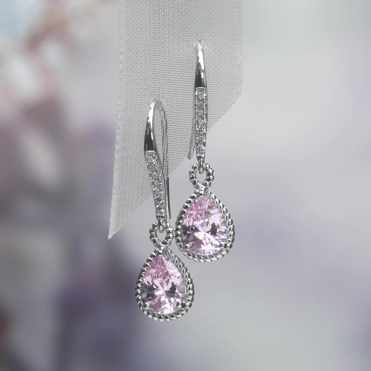 14K White Gold Fancy Natural Pink Diamond Earrings Cluster Dangle Drop  Leverback