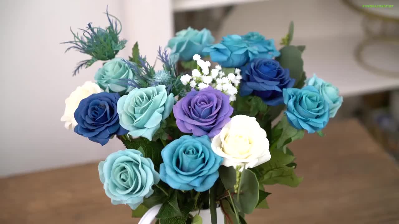 28 PCS DIY Set (POSH BLUE) Real Touch Mix Blue Roses Sea Holly