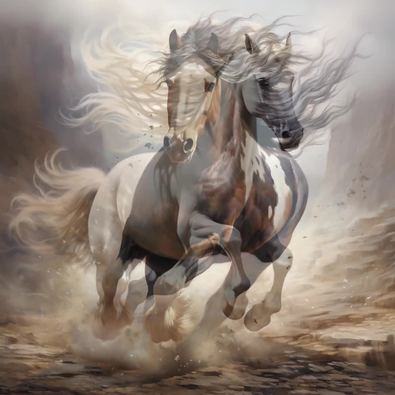 野生の白馬の絵画：疾走する牡馬の絵画（デジタルダウンロード