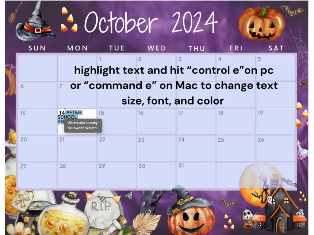 編集可能な2025年10月カレンダー、魔女付きハッピーハロウィン