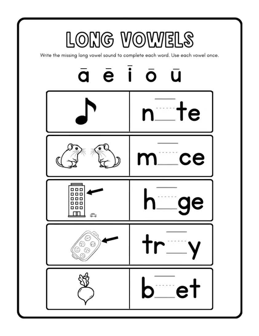 Long Vowels, Vowel Worksheets, Missing Vowels, Vowel Sounds, Kindergarten  Reading, Preschool, First Grade, Long Vowel Sounds, Long Vowel, image size:842x1092