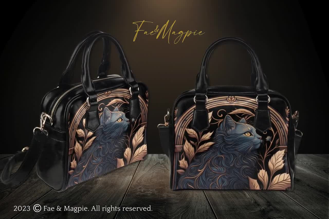 【Eve】BLACK CAT HANDBAG with CHARM SET Women's Moon Purses Crossbody Bags Pu Leather Gothic Purse