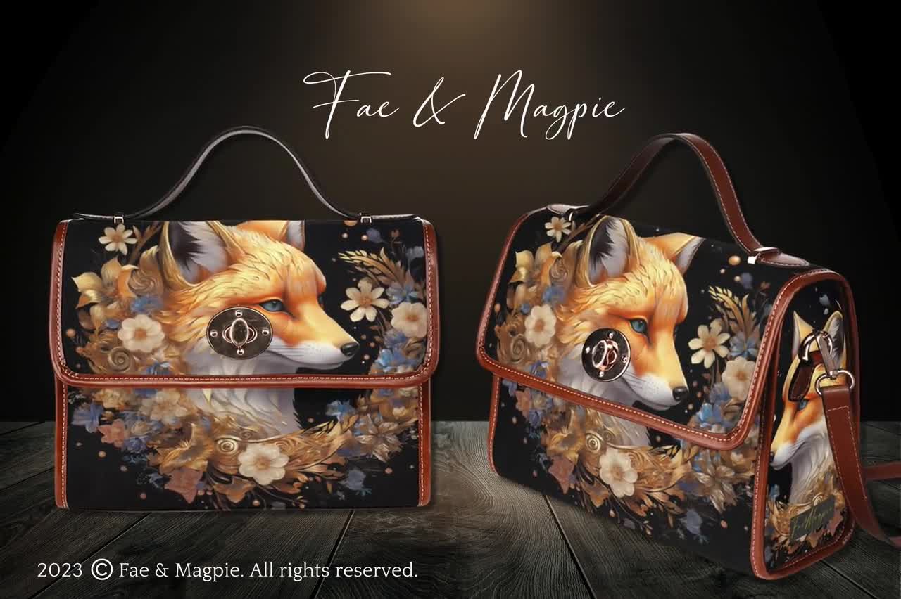 Floral Fox Satchel Bag, Retro Cottagecore Vegan Leather Crossbody