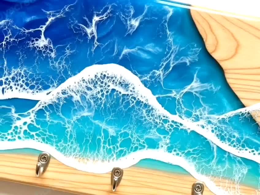 Handmade Ocean Wave Resin River Wooden Key Holder – Modern