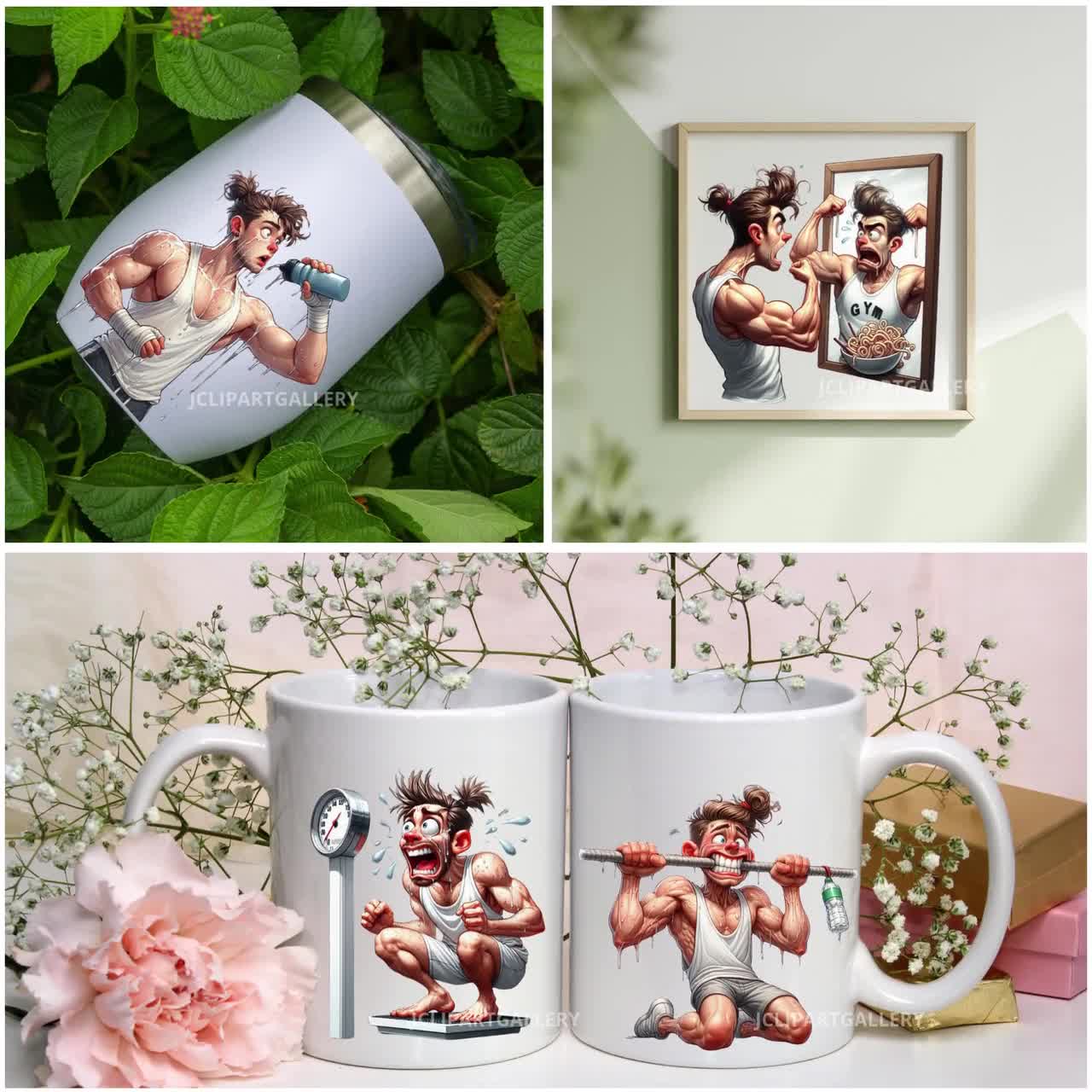 Paquete de imágenes prediseñadas de un hombre divertido haciendo ejercicio, humor de gimnasio y fitness en formato PNG, pegatinas de entrenamiento de un hombre musculoso de dibujos animados, imágenes prediseñadas de hombres peculiares, sublimación, manualidades video poster