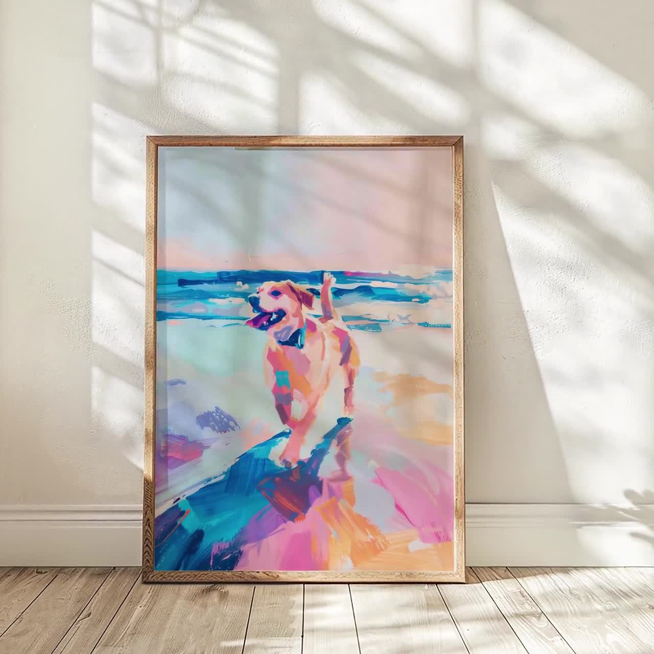 Happy Terrier Strolling The Beach - Coastal Pastel Dog Art - Bright  Colorful Painting - Terrier Lover Print - Girl Dog Mom Wall Decor, image size:1280x1280