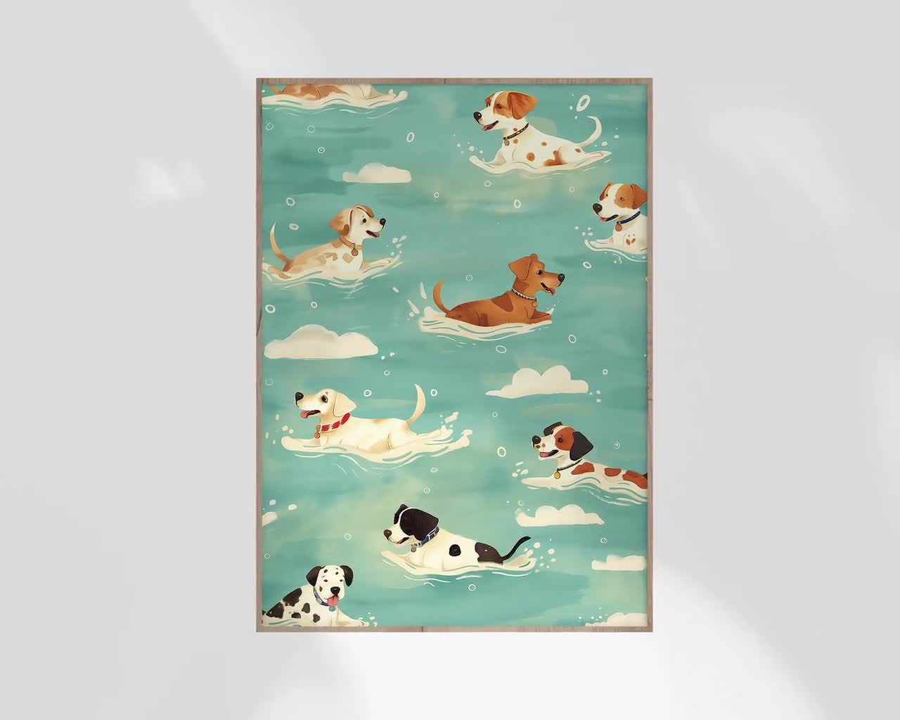Happy Water Dogs Swim | Fanciful Dog Lover Art | Fun Whimsical Painting |  Coastal Beach Waterdogs Print | Colorful Pastel Watercolor, image size:1280x1024