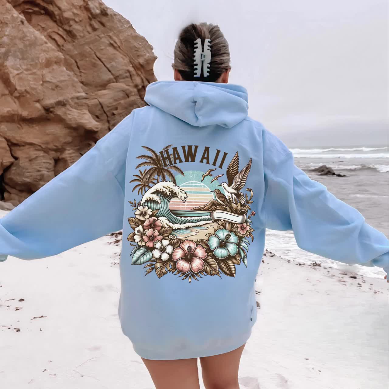 Hawaii Sweatshirt With Tropical Hibiscus Flowers Vintage Beach