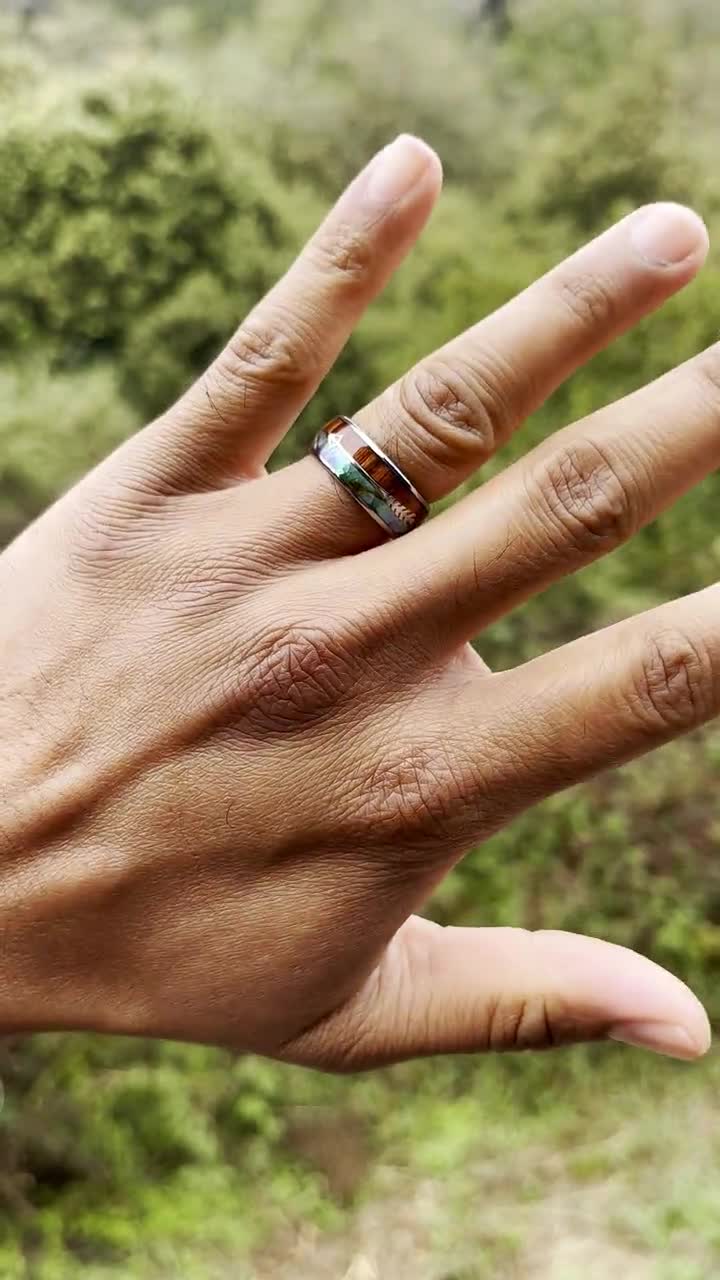 Hawaiian KOA WOOD Ring Real Koa ABALONE Tungsten Ring Silver Tungsten Ring Mens Wedding Bands Mens Tungsten Ring Fast Priority Shipping