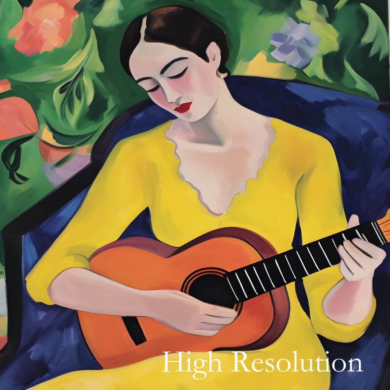 ギターを弾く女性の絵画、デジタルダウンロード肖像画アート、マティス