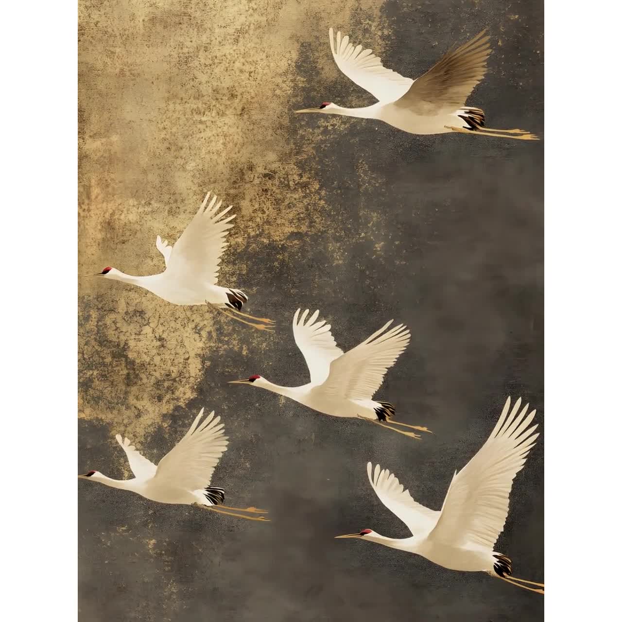 Flying Cranes Wall Art, Japandi Style Art Printable Flock of Birds
