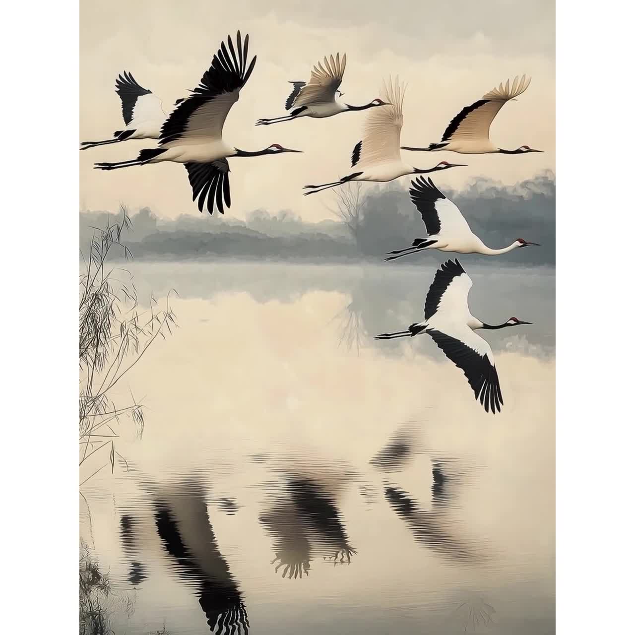 Flying Cranes Wall Art, Japandi Style Art Printable Flock of Birds