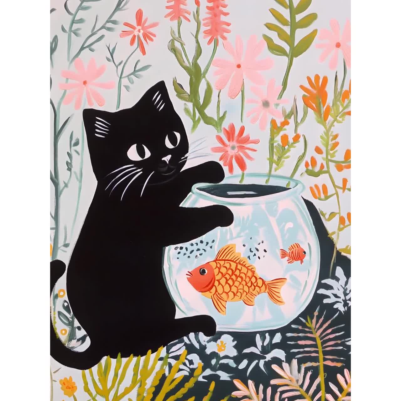 金魚鉢で遊ぶ猫のプリント、マティスの黒猫の壁アート、黒猫と花柄の