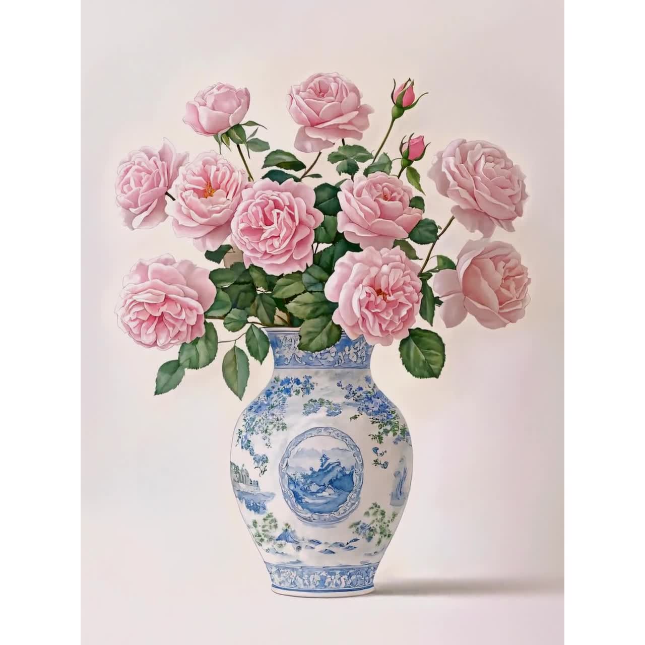 青と白のシノワズリ花瓶プリントの水彩画のバラの花、ピンクのバラの花