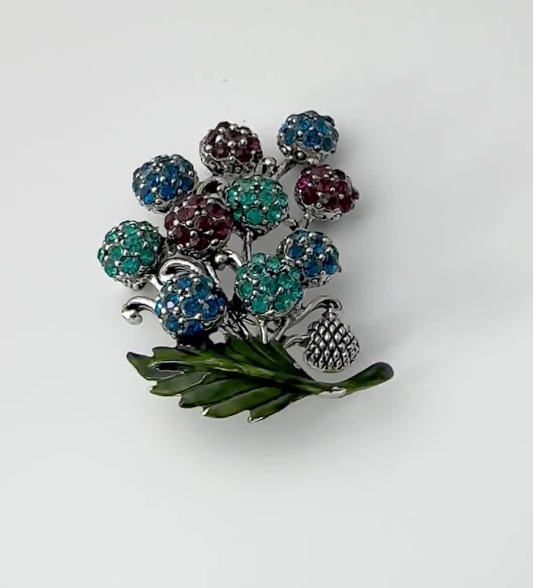 Vintage Hollycraft Rhinestone Enamel Berries Brooch 1950s/60s