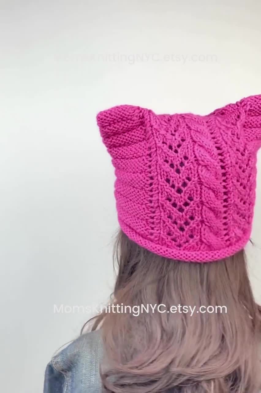 Cat Ears Hat Beanie TikTok y2k Hand knit Rolled Brim, Pink Beanie Pussycat  Pussyhat Hat