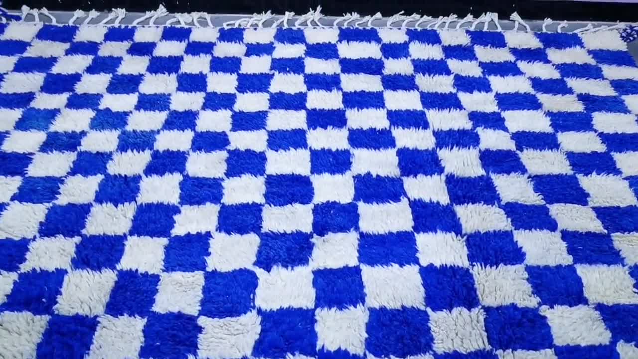 新品【モロッコ直輸入】ベニワレン ラグ ブルー 絨毯 ウール 手織り一点物 手織りモロッコウールラグ：ブルーチェック柄ベニワレン、カスタマイズ