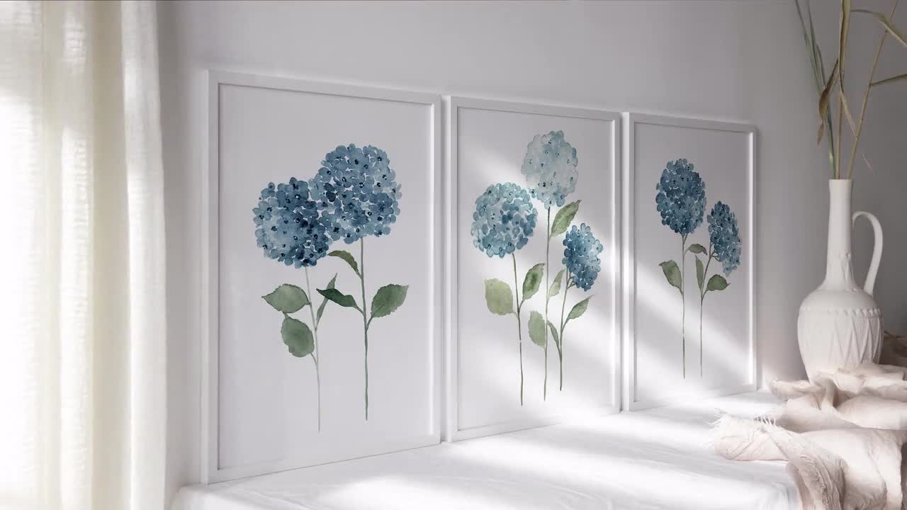 Hydrangea Wall Art, Hydrangea Art Print, Blue Flower set of 3