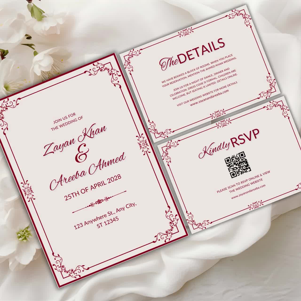 Invitación de boda en rojo y crema: Romance francés, plantilla editable de  Canva (descarga digital), image size:1280x1280