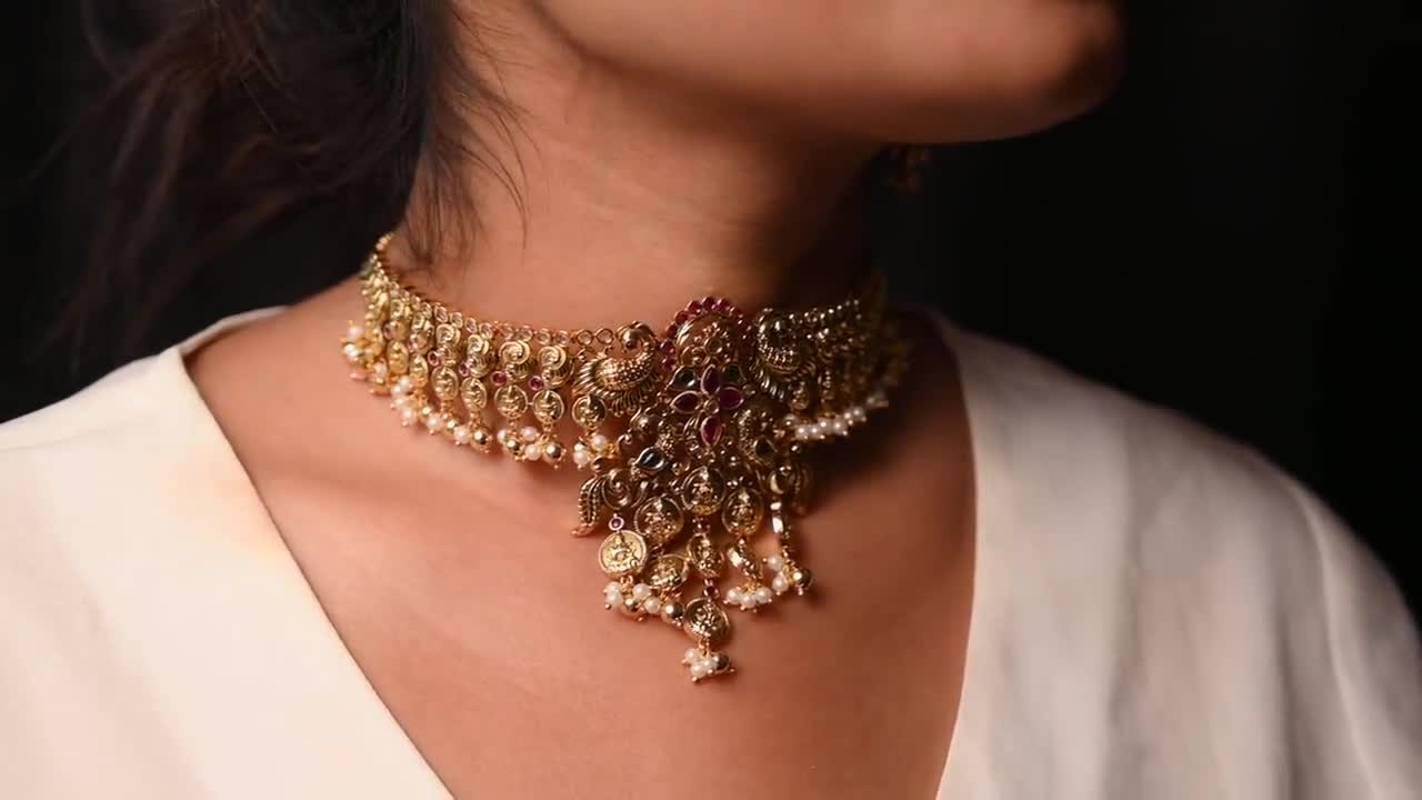 TARINIKA Brass Sidhya Necklace Set - Temple Design Indian Jewelry For Women, Traditional South Indian Set For Weddings
