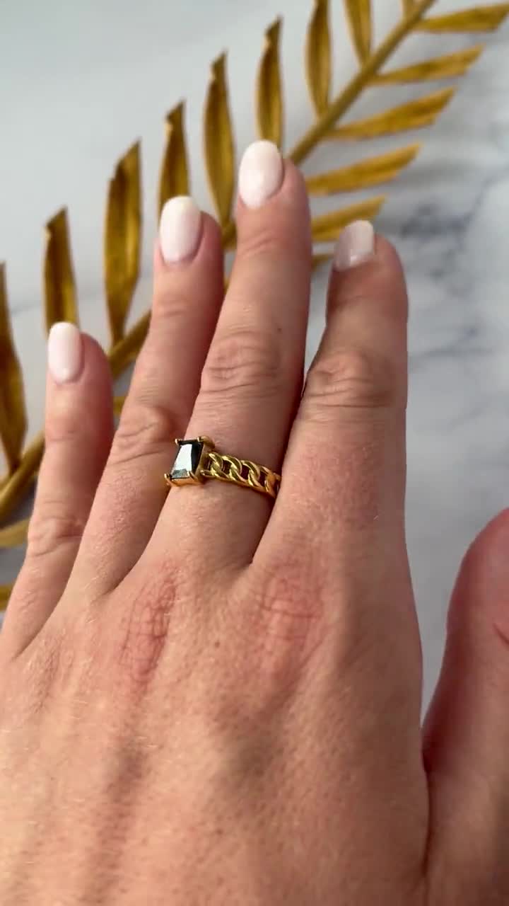 18K Gold Black Onyx Ring, Thick Link Chain Ring, Black