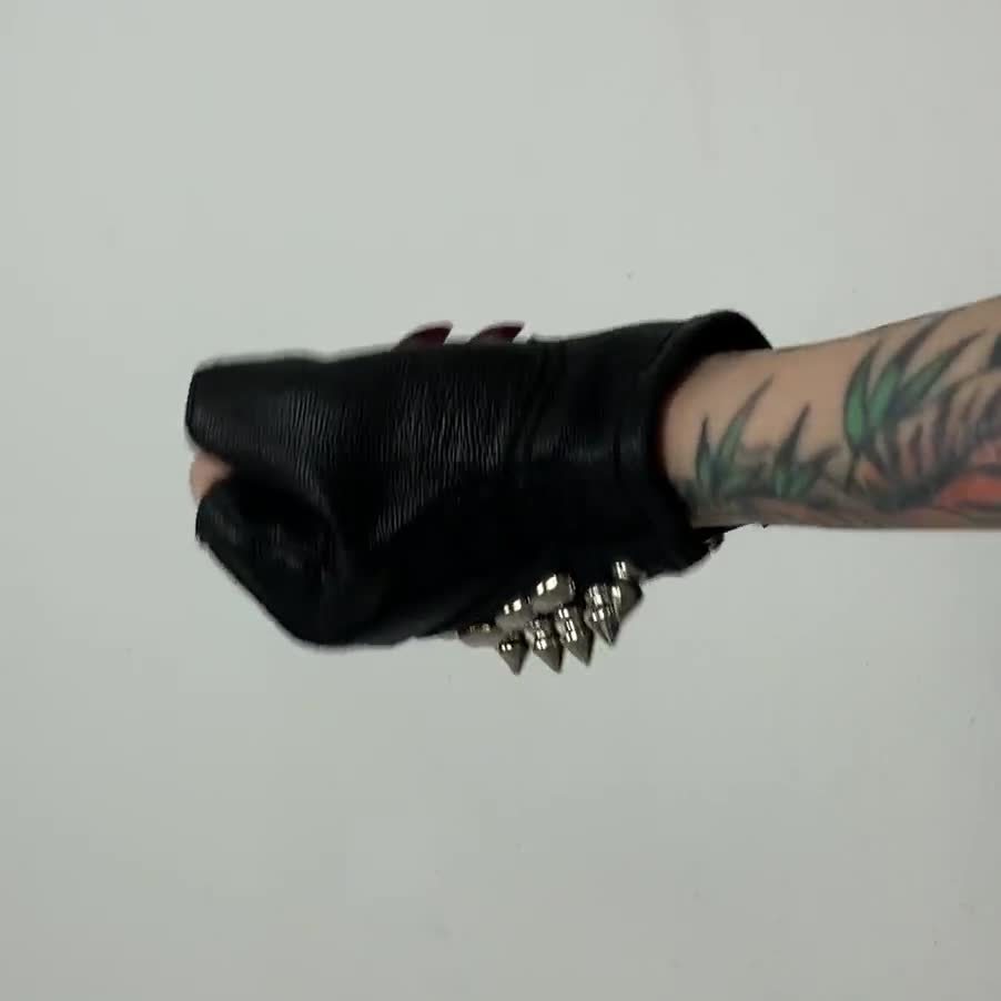 Silver Chevron Spike Studded Fingerless Leather Gloves