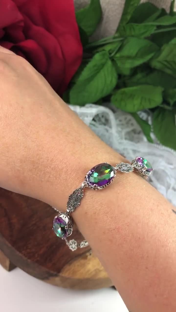 Mystic Topaz Bracelet/ 50ctw Simulated Mystic Topaz Rhodium Plated Sterling sold Silver Deco Filigree Adjustable Links [Custom Made] Design#B15