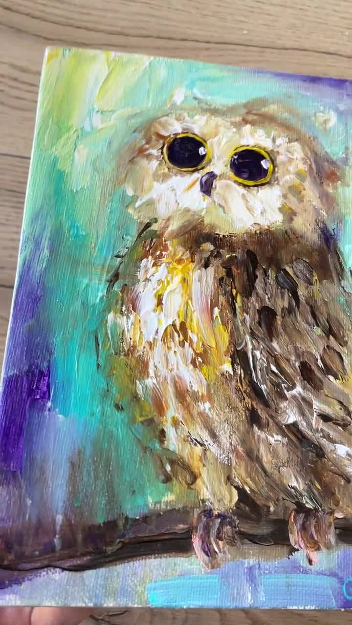 Original Art Aceo Painting Gouche on Canvas Owl 