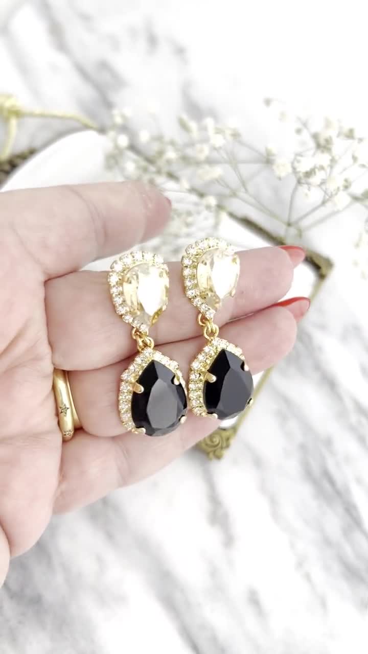 14K Gold Plated Chandelier Earrings Clear Black Aretes Folklorico